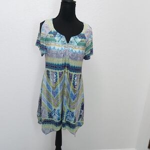 ONE WORLD Blue and Green Patterned Tunic Top